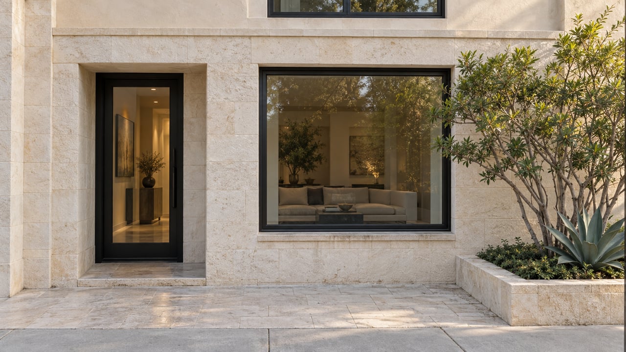 Urban townhouse facade with limestone ground floor, black-framed windows, recessed glazed door, and raised planting bed.