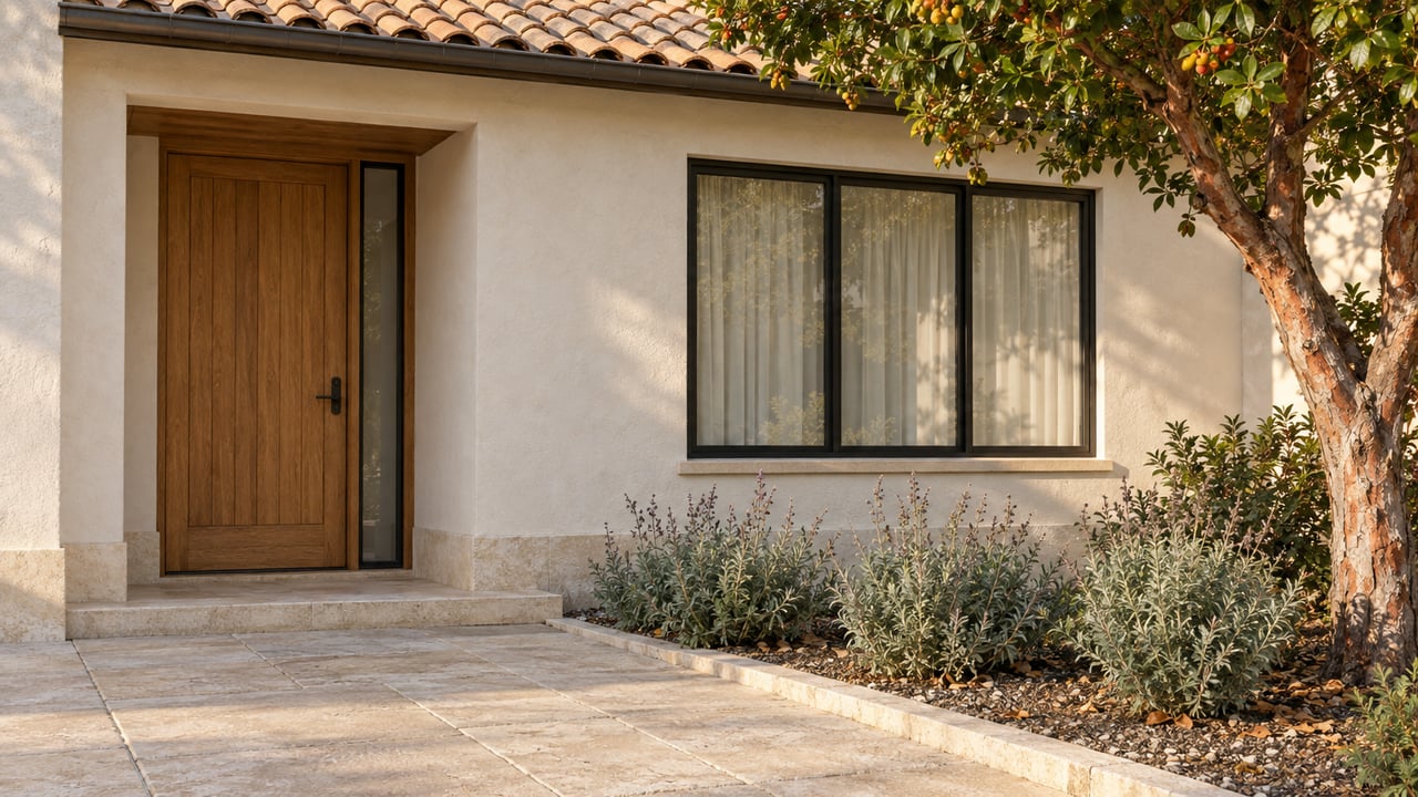 Sunlit ivory stucco home with a recessed oak entry, black-framed window, limestone approach and sculptural strawberry tree.