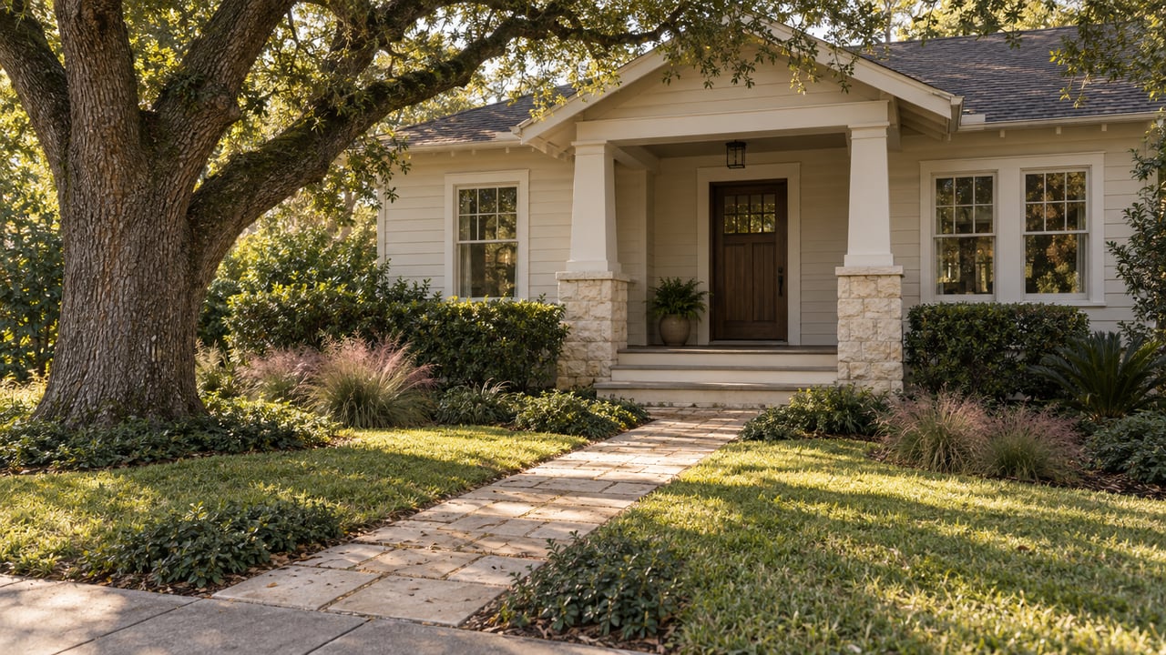 Cream bungalow with a limestone-paver path beneath low oak boughs.