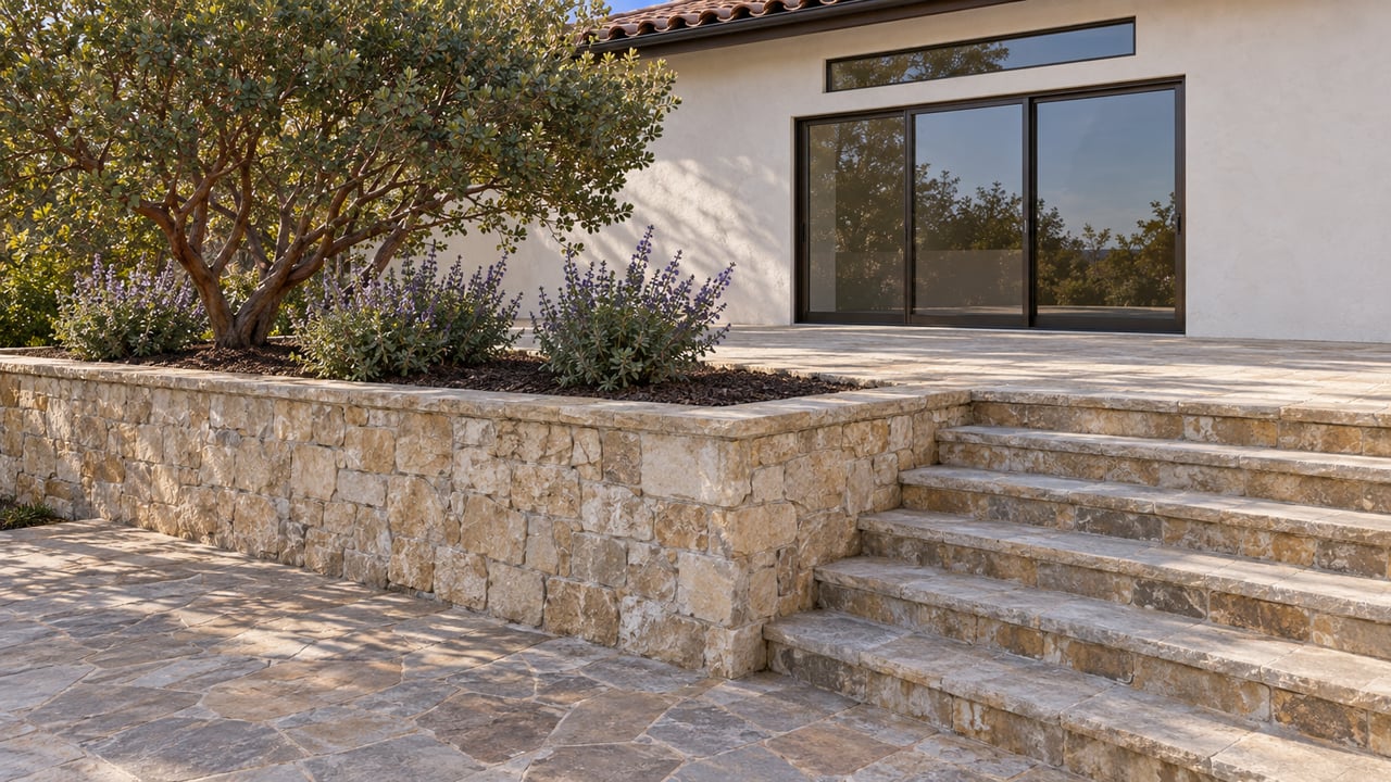 White-stucco hillside home above a stone-paved patio, with a limestone retaining wall and six connecting steps.