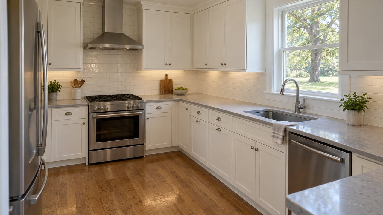 Compact L-shaped kitchen with off-white shaker cabinets, oak flooring, and a double-hung window above the sink.