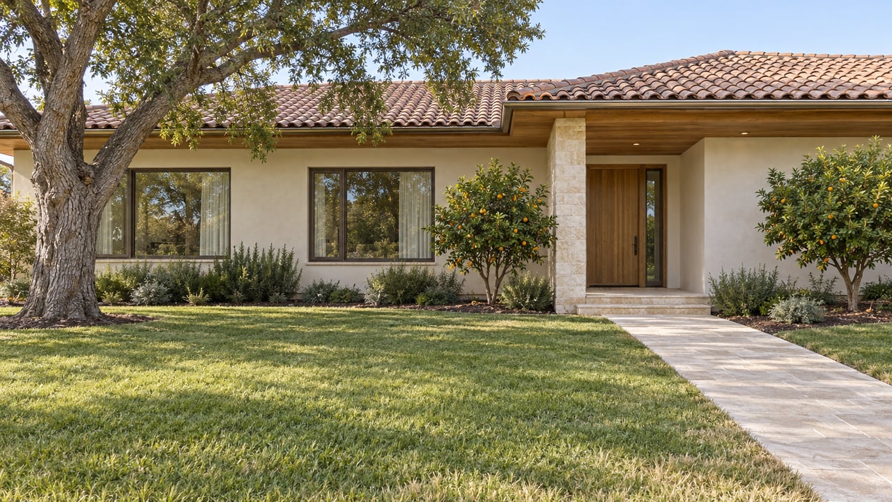 Low stucco home with a terracotta roof, mature shade tree, citrus trees and a limestone entry walk across a broad lawn.