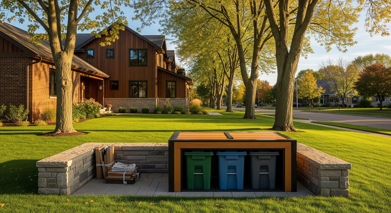 Three recycling bins in a stone enclosure on a lawn beside a wood-and-brick building.