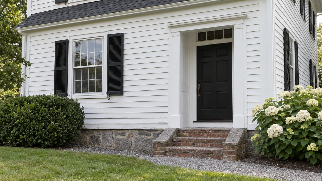 Colonial home entry with white clapboards, black shutters, brick steps, and granite foundation.