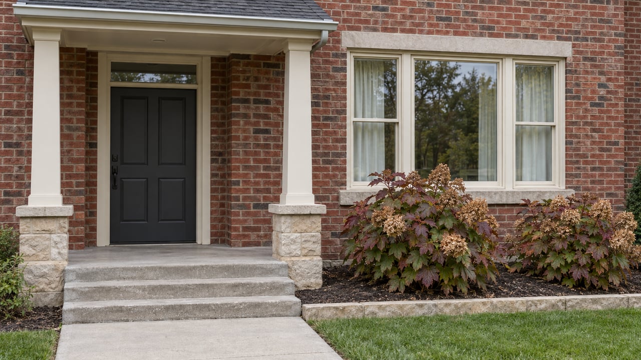 Brick home entry with cream porch posts, a charcoal door, a broad window and autumn oakleaf hydrangeas beside concrete steps.