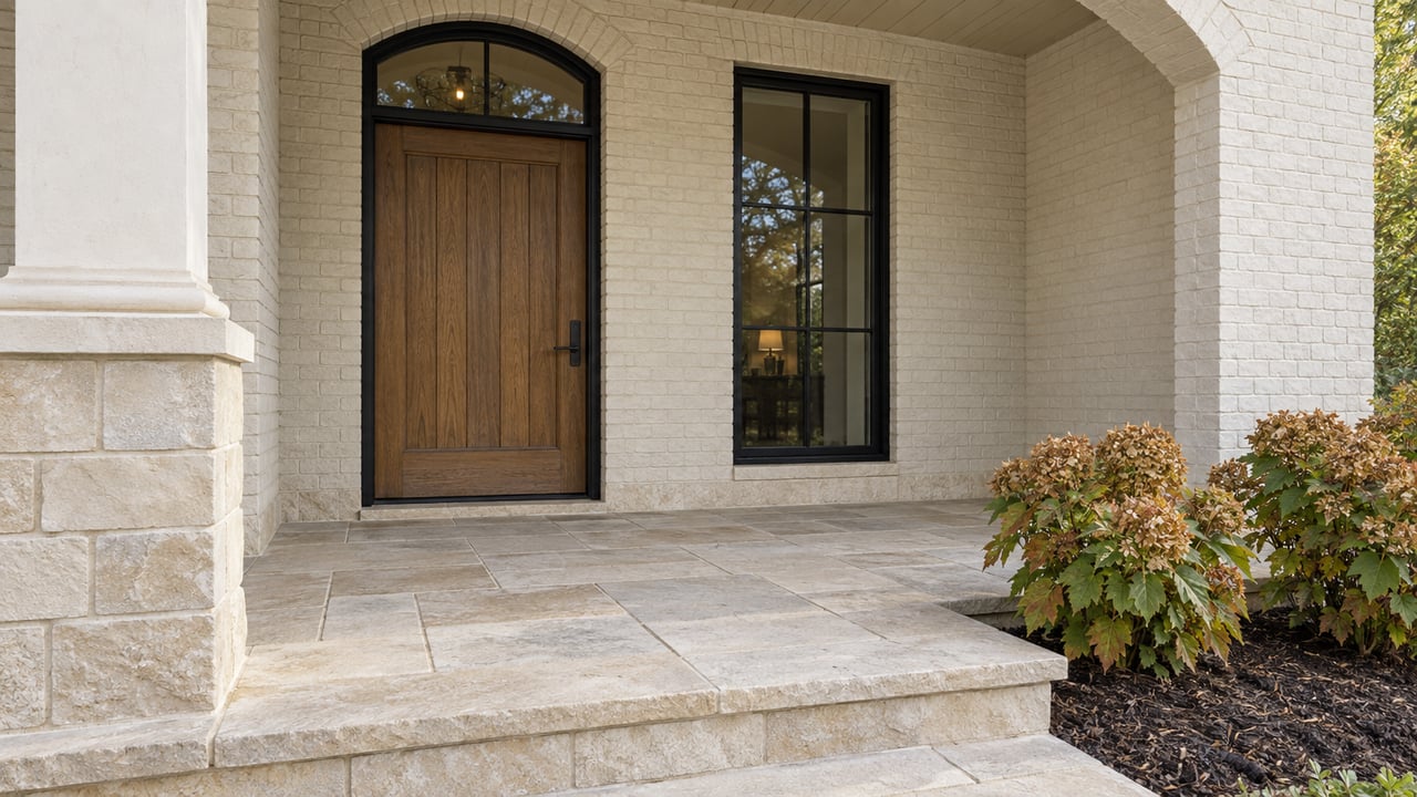 Covered entry with an oak door, arched transom, cream painted brick and limestone paving beside oakleaf hydrangeas.