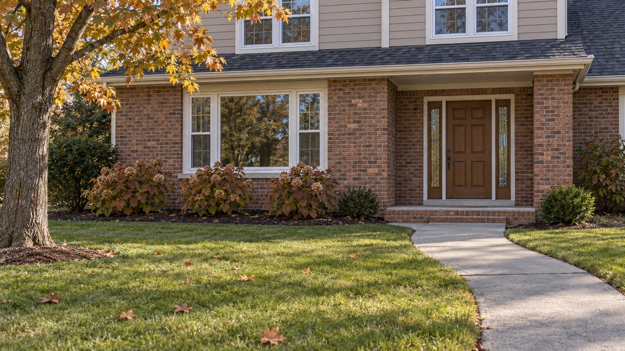Autumn sunlight on a brick and lap-sided home, with an amber maple, broad lawn and curved concrete front walk.
