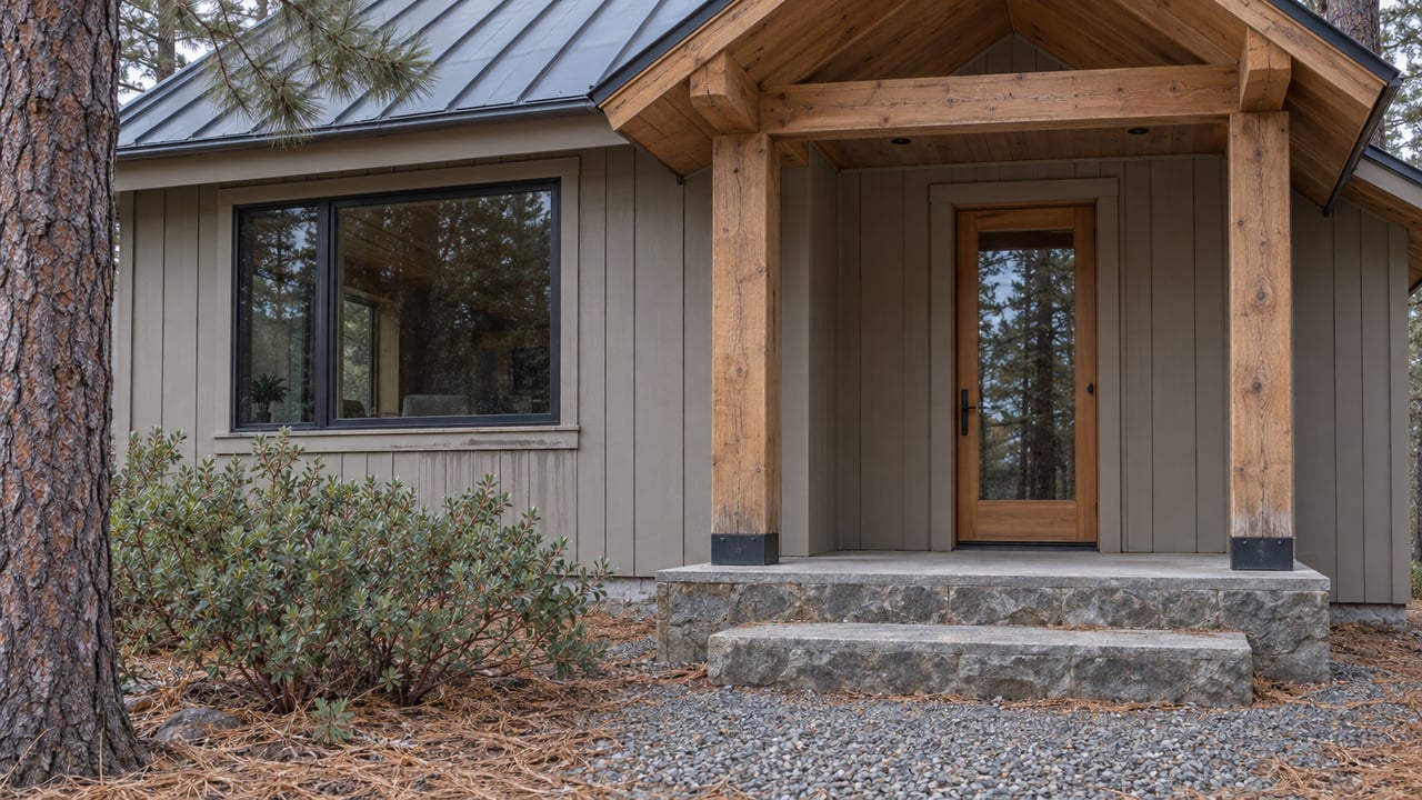 Taupe timber cabin entry with a covered stone porch, dark window frames and pine-needle-covered ground beneath mature pines.