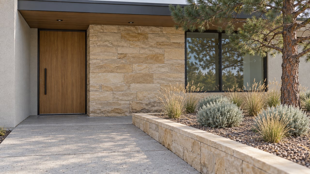 Contemporary home's sheltered oak entry, buff sandstone wall and large window beside a raised bed of pine and dry-season grasses.