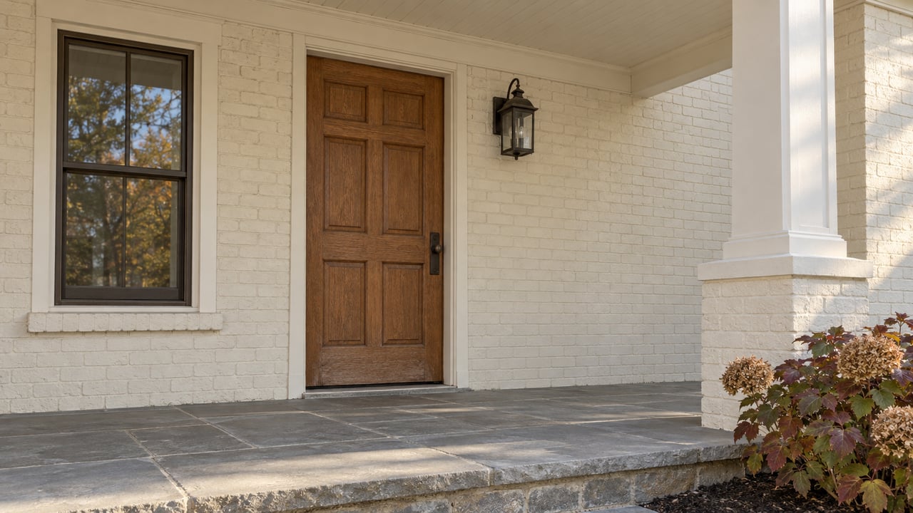 An ivory brick home's oak front door and bluestone porch beside an oakleaf hydrangea in autumn color.