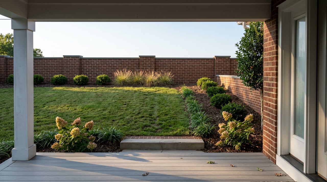 Porch steps and decking overlook a mown lawn, flowering beds, and a low brick garden wall.