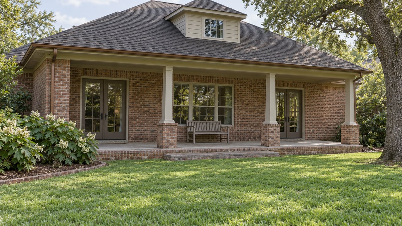 Brick home with a charcoal hipped roof, glazed terrace doors, a raised concrete terrace, and a deep lawn framed by oakleaf hydrangeas and a live oak.