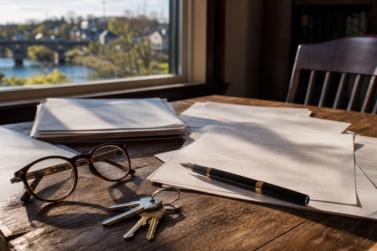 Real estate papers, pen, glasses, and keys on a sunlit table by a window overlooking water.