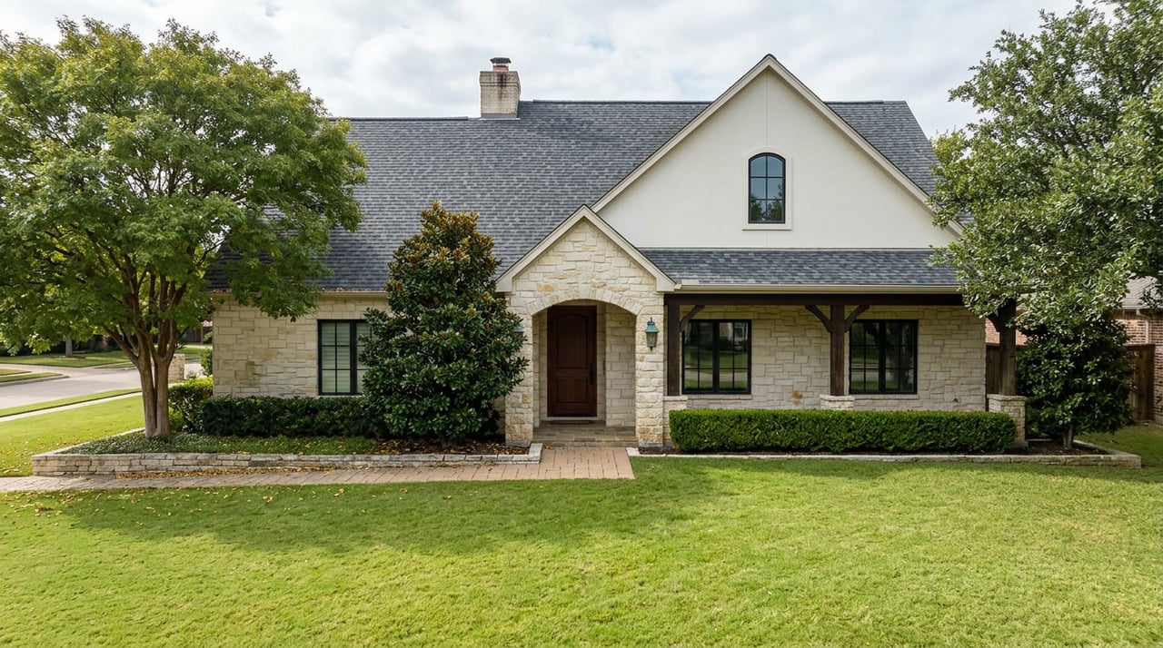 Two-story stone-and-brick home with a covered timber entry, arched gable window, broad lawn, and mature trees.