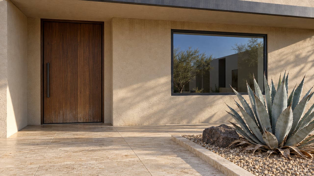 Warm sand stucco and a closed wood entry door beside a dark-framed window, with a blue-gray agave in a gravel pocket edged by limestone.