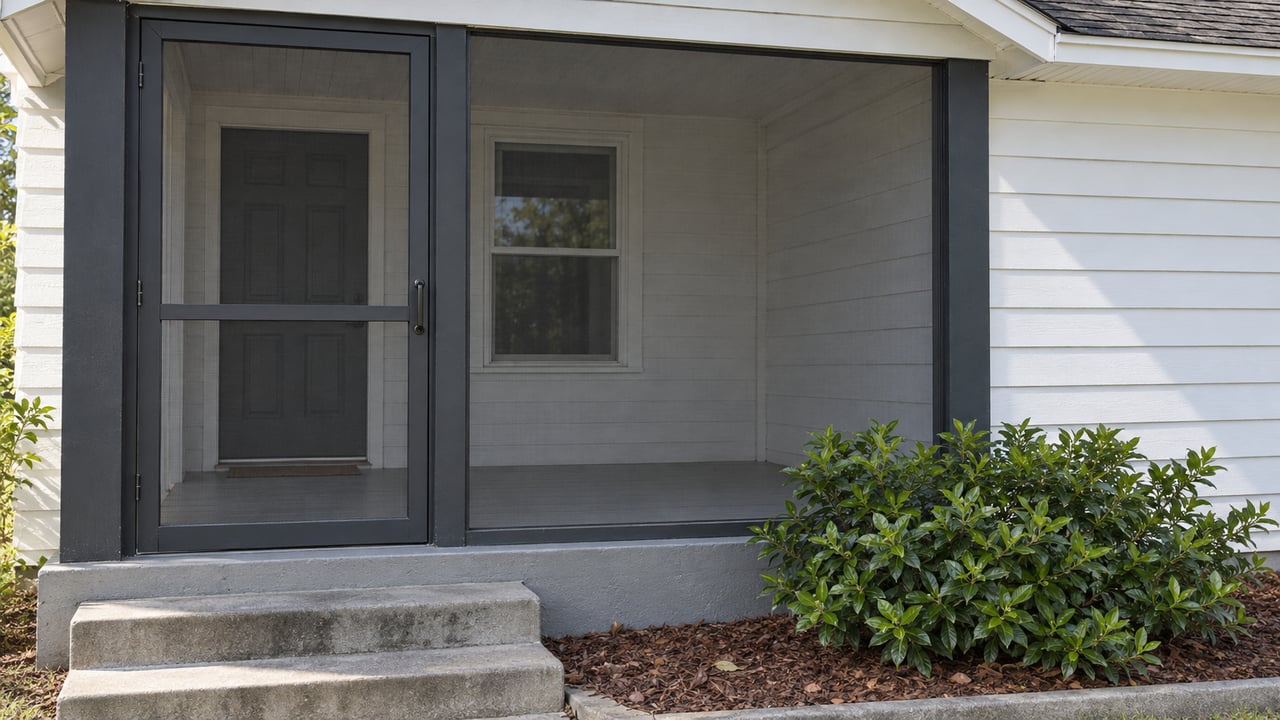 Close view of a white clapboard bungalow's screened porch, charcoal door frame, weathered concrete steps and gardenia planting.