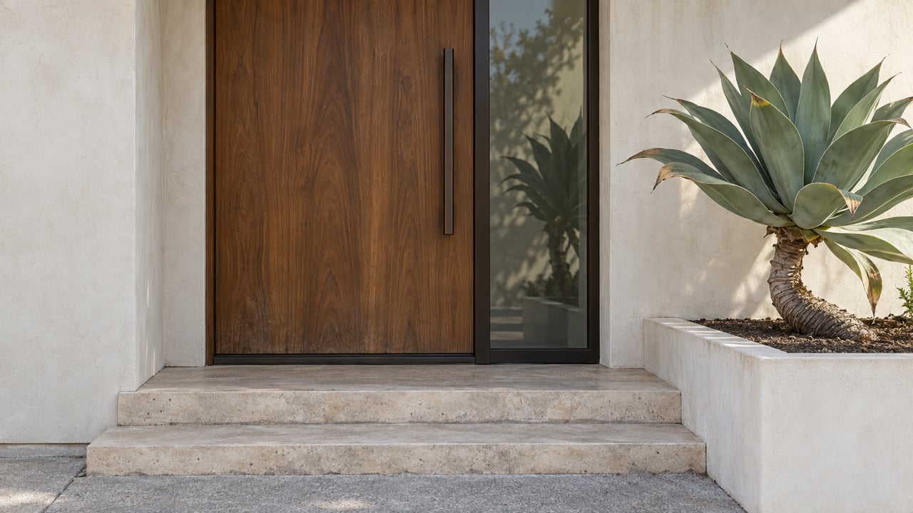 Walnut entry door beside a bronze-framed sidelight, limestone steps, and a raised planter with an agave.