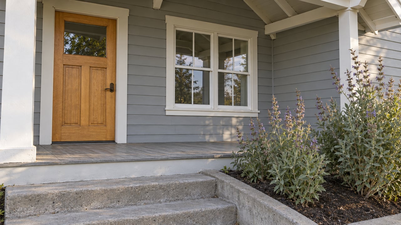 Cool-gray clapboard home with a sheltered wood front door, white-trimmed window, concrete steps and Cleveland sage.