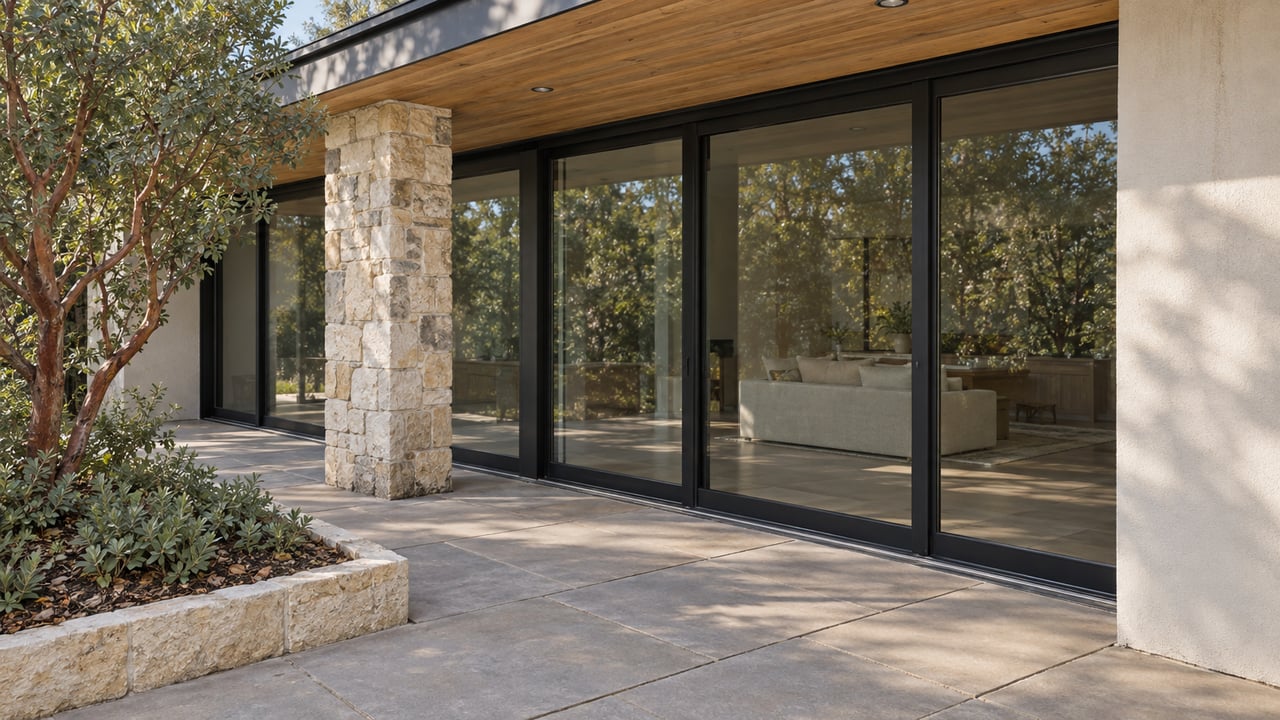 Wood-soffit terrace with limestone column, closed black-framed sliding doors, warm-gray pavers and a raised manzanita planting bed.