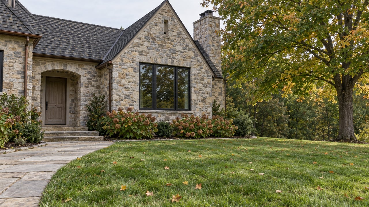Stone home with a steep charcoal roof, dark-framed window and recessed oak entry beyond a broad lawn, beside a maple beginning to turn amber.