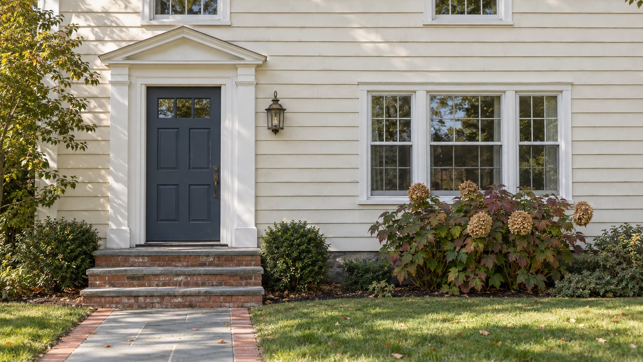 Ivory clapboard house with a blue-gray front door, divided-light windows, brick steps and an oakleaf hydrangea beside the lawn.