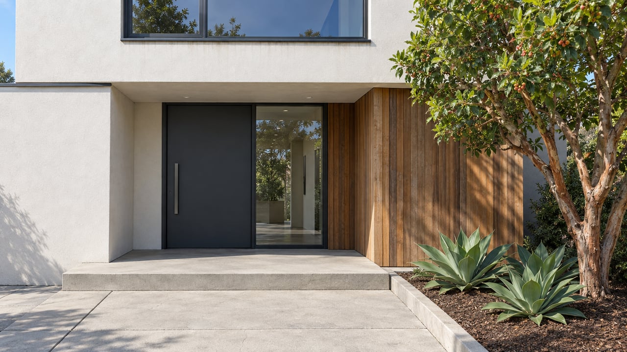 Close view of a contemporary home's charcoal entry door, cedar return, off-white stucco, and curbed planting beside a concrete approach.