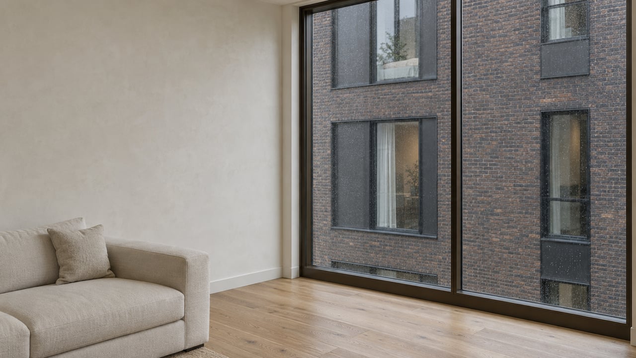 Condo living room with a cream sofa beside floor-to-ceiling windows overlooking a close brick facade.
