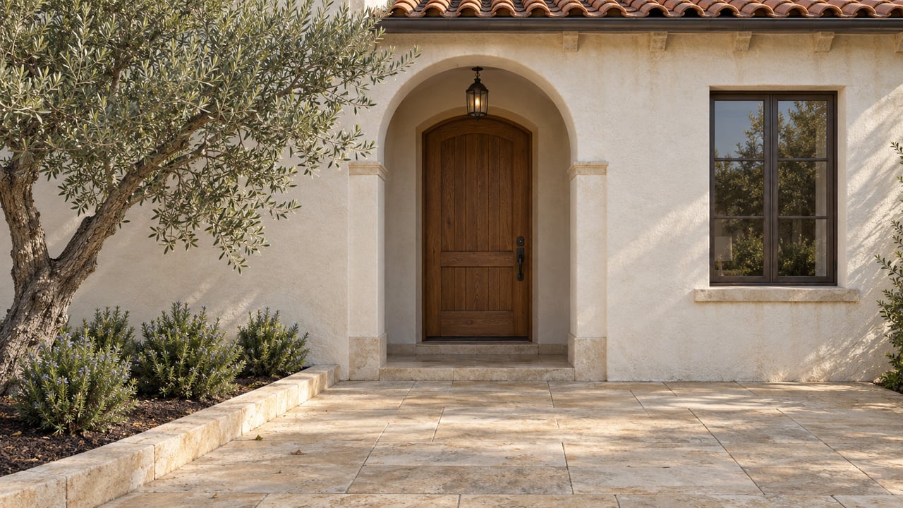 Stucco residence entry with a deep arched doorway, bronze-framed window, limestone paving, and an olive tree.