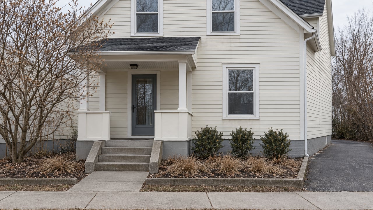 Cream clapboard house with a covered raised porch, concrete steps and dormant winter planting on a narrow residential lot.
