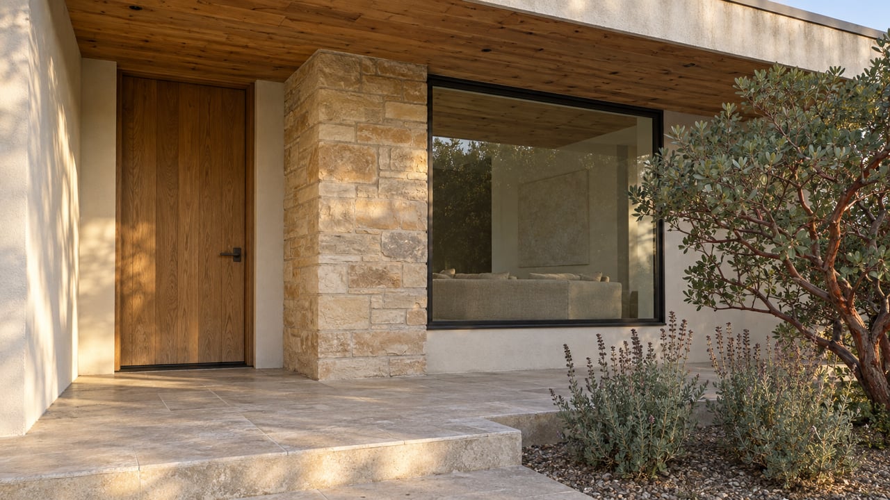 Low plaster-and-stone home entry with an oak door, shaded living-room window, limestone landing and sculptural manzanita.