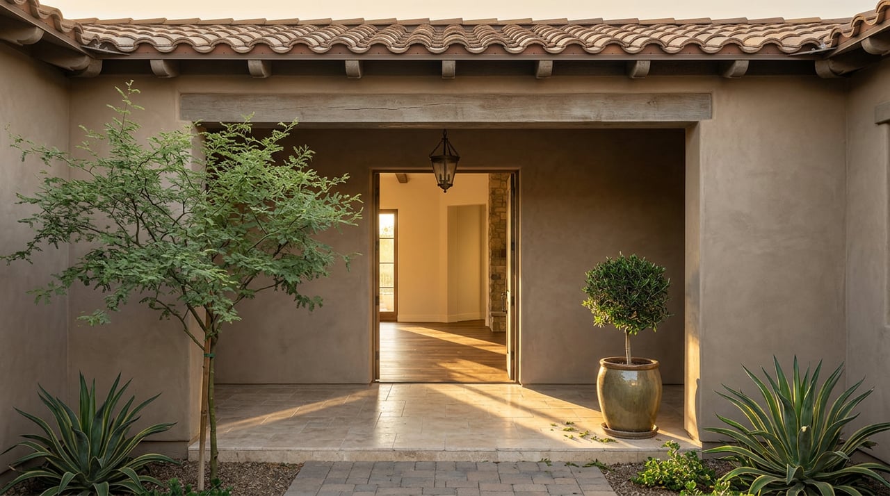 Covered stucco breezeway with clay tile eaves, travertine paving, and a mesquite tree casting broken shadows.
