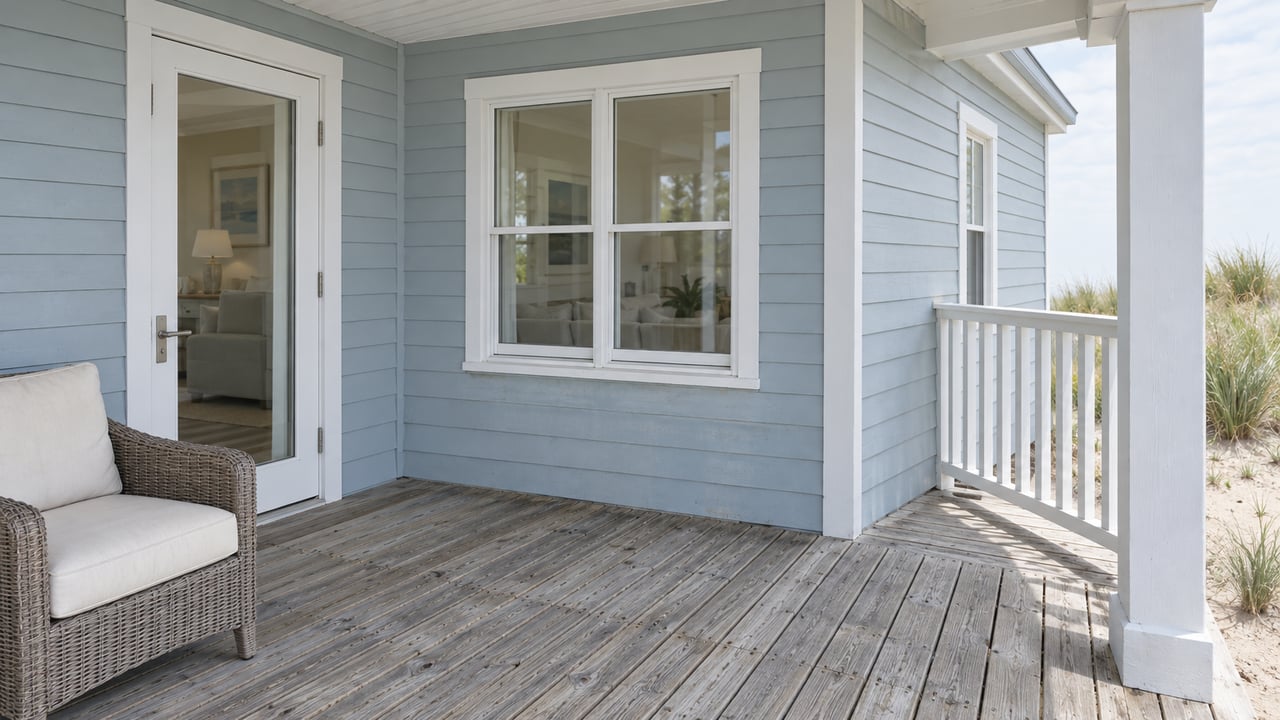 Weathered timber deck beside a pale blue-gray raised home's glazed door and window, with a woven outdoor chair and white porch detailing.