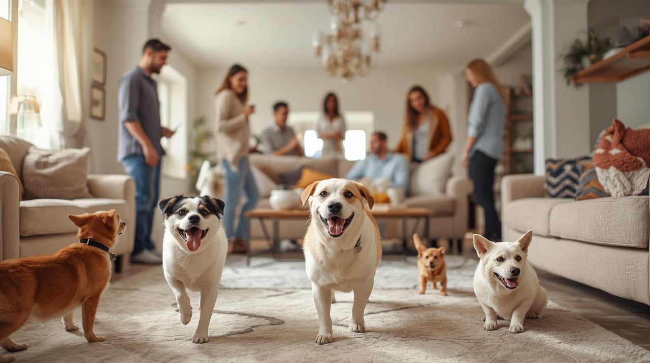 Group of friendly dogs in a clean living room while buyers tour a staged Texas Home for Sale
