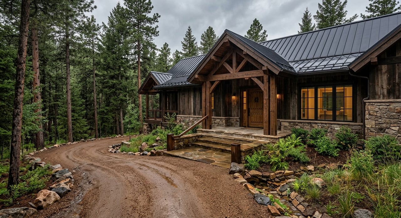 Dark timber-and-stone home above a curving gravel drive, with flagstone steps and pine trees.