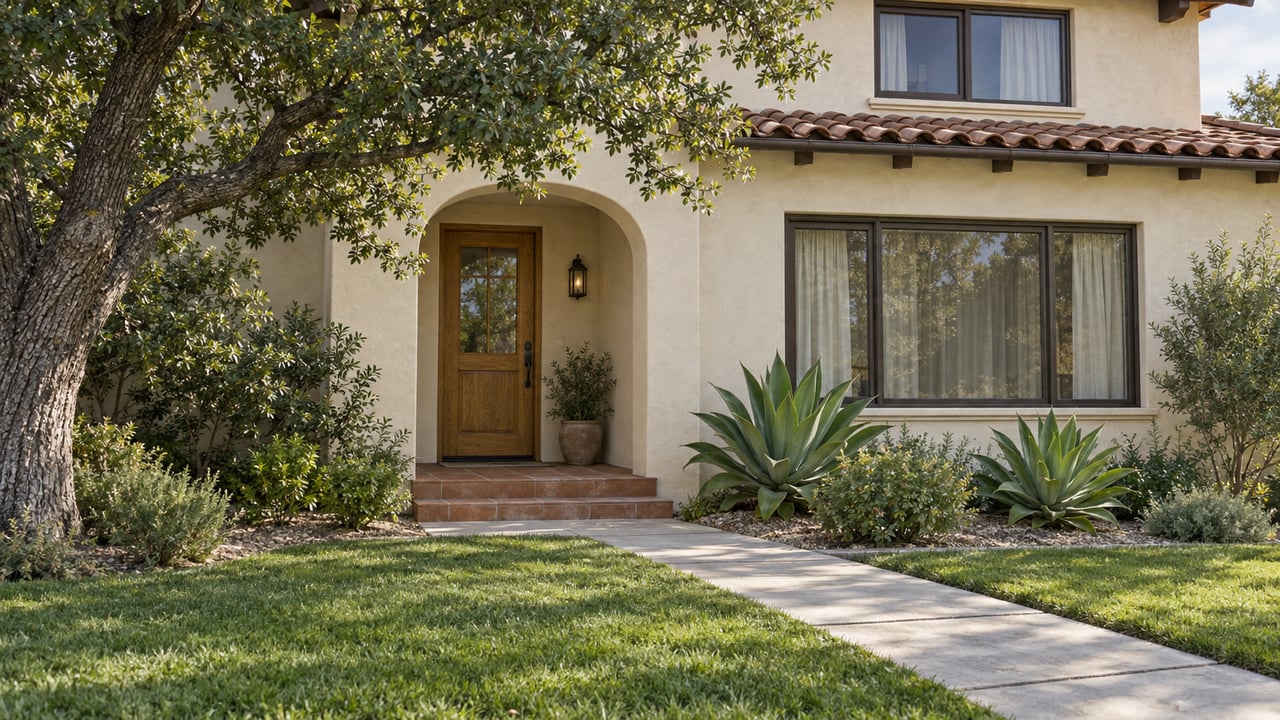 Ivory stucco home with a sheltered oak entry, clay roof tiles, bronze-framed windows, and an established lawn beside two sculptural agaves.