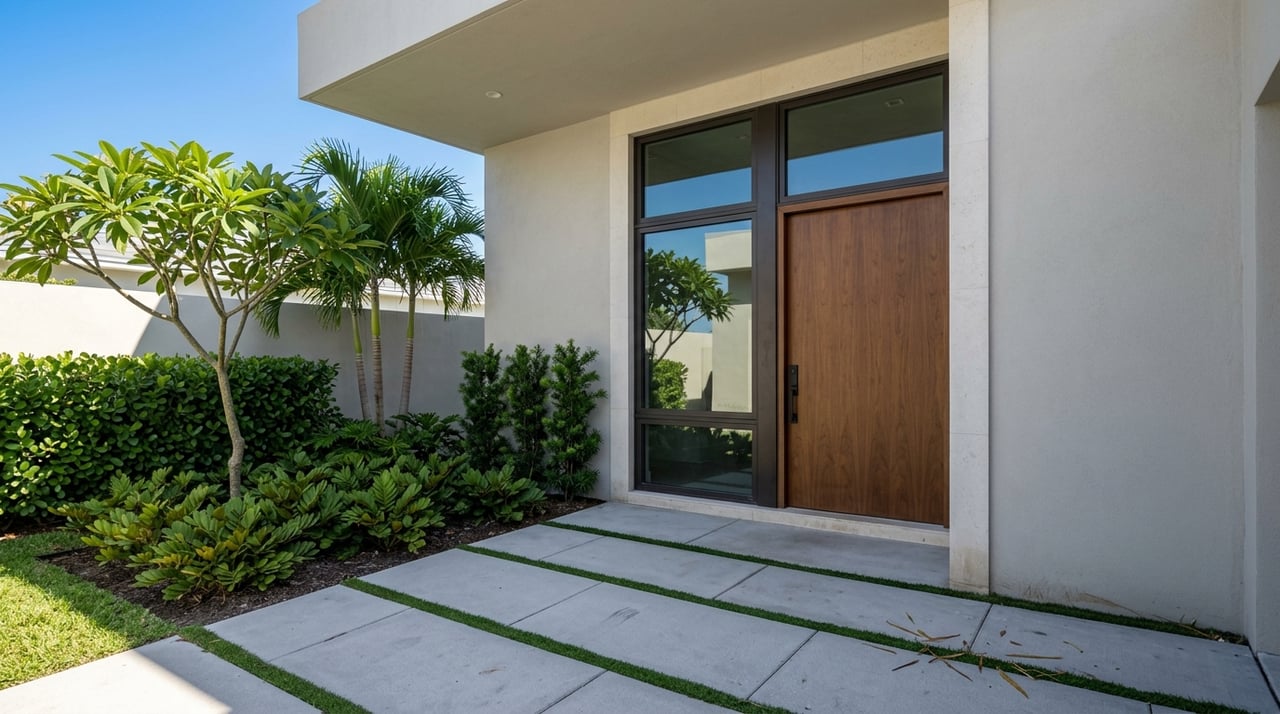 A limestone courtyard with a modern pivot door beneath a pergola.