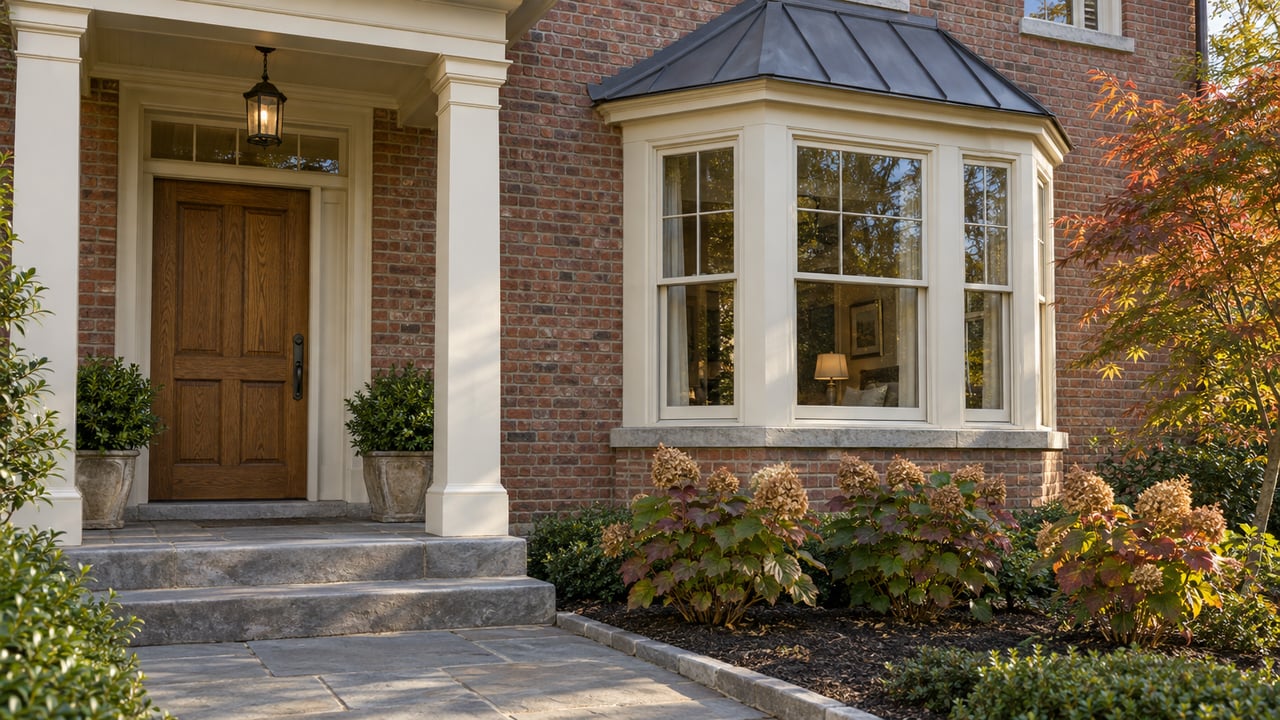 Brick home entrance with an oak door, cream-painted porch columns, enclosed bay windows, bluestone steps, and autumn planting.