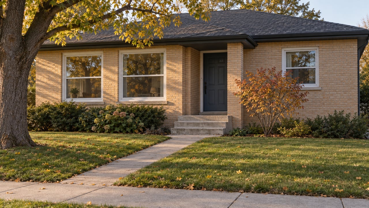 Buff-brick house with a dark blue-gray door, front lawn, narrow walk, and autumn tree.