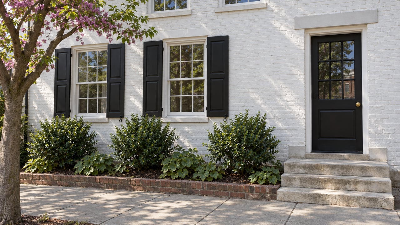 White-painted brick house with black shutters, a black entry door, limestone steps, and a small planting bed.