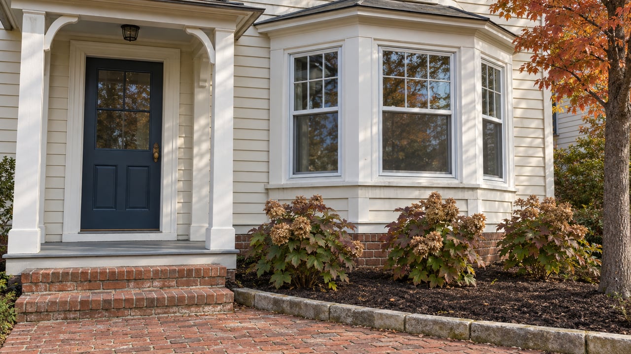 Cream clapboard home with a navy entry door, white-trimmed bay window, worn brick steps and autumn oakleaf hydrangeas.