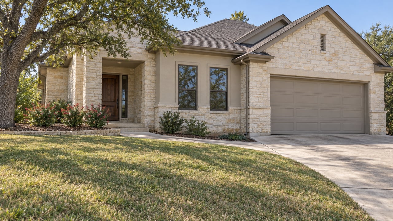 Limestone and pale stucco home above a sloping lawn, with a mature spreading oak, recessed entry, and attached double garage in clear afternoon light.