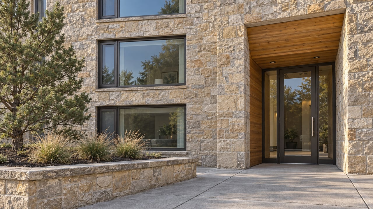 Close architectural view of a stone-clad condominium facade with dark-framed windows, a timber-lined glass entrance, and a raised bed containing pinyon pine and blue grama grass.