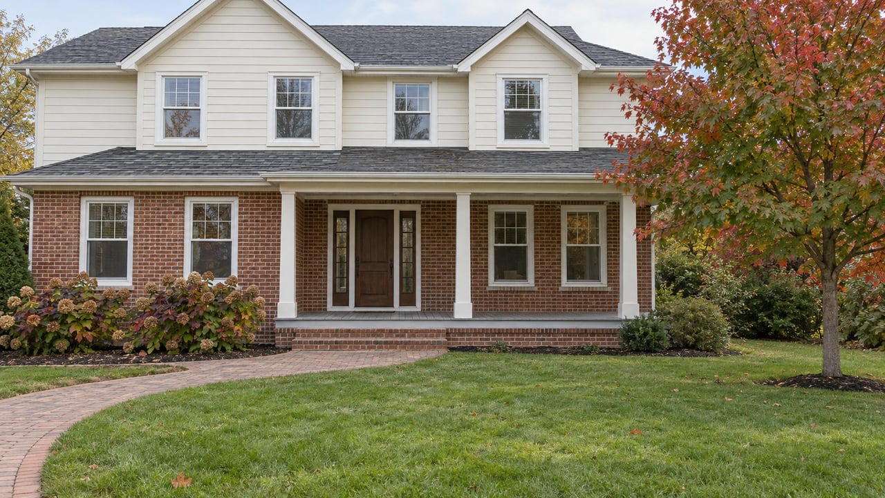 Traditional brick and cream-sided home with a covered porch, deep green lawn and a red maple beginning to turn in autumn.