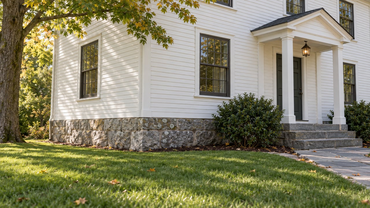 Older clapboard house with a granite foundation, bluestone entry steps, broad lawn, and maple canopy.