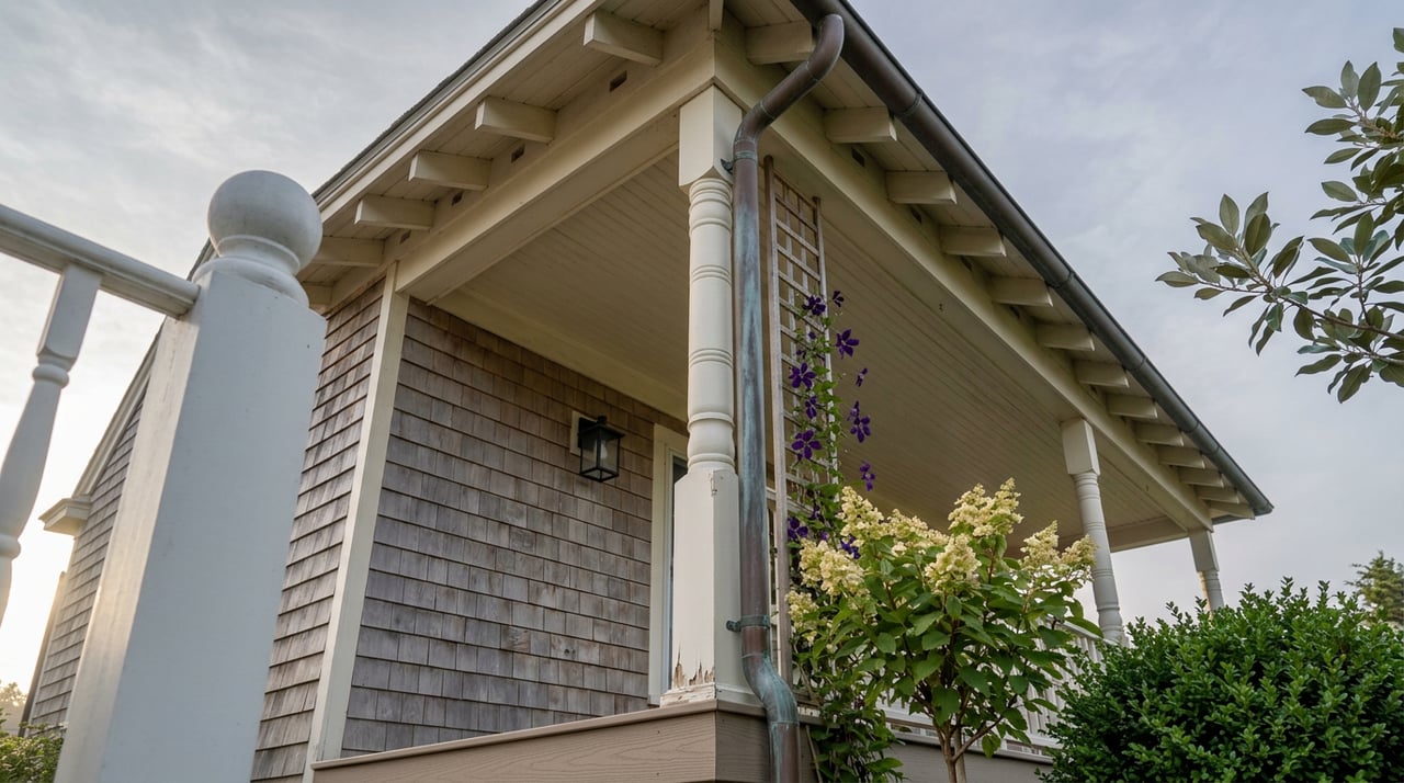 Shingle-sided porch corner with a white turned column, purple clematis, blooming hydrangea, and roof eaves.