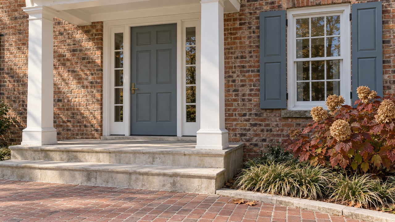 Brick home entry with blue-gray door and shutters, white timber portico, limestone steps and copper-colored oakleaf hydrangea.