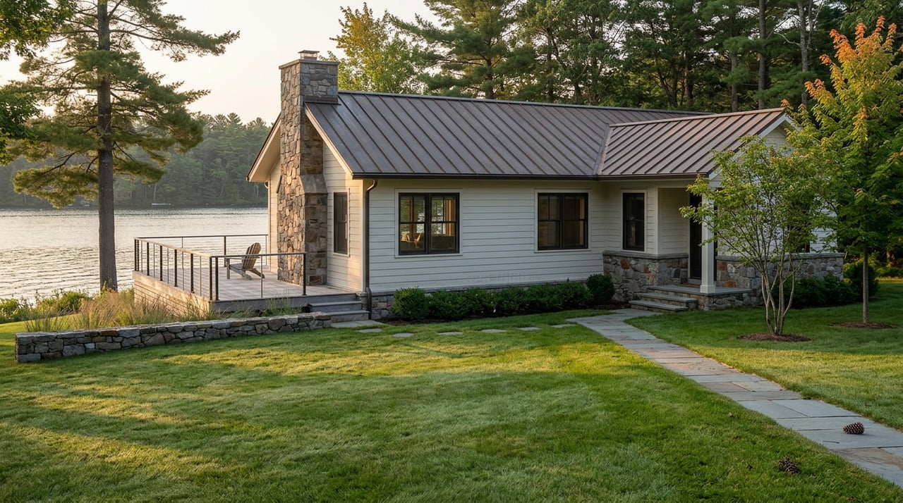 Lake-facing home with a fieldstone chimney, cedar deck, and bluestone path across a mown lawn