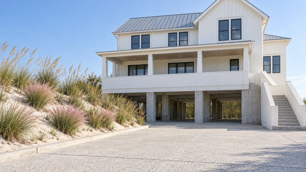 Elevated white coastal home with a metal gable roof, covered porch and broad shell-aggregate approach bordered by planted sand.