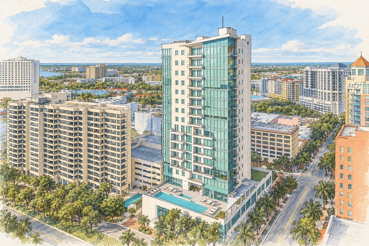 Modern glass high-rise with balconies and a rooftop pool among downtown buildings and palm trees.
