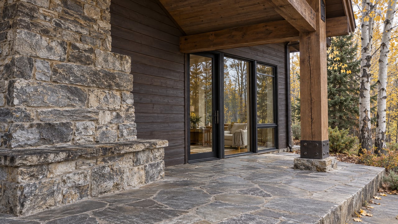 A sheltered stone terrace beside a timber-and-stone home, with closed glass doors and nearly bare aspens.